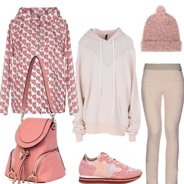 Outfit donna - Visita Museo floreale a cielo aperto. Stile Trendy per Sport. Abbinamento con leggings con pizzo senza tasche jersey, giubbotto fantasia multicolore con cappuccio a maniche lunghe con zip interno sfoderato in tessuto tecnico monopetto, felpa con cappuccio, borsa, cappello lavorato a maglia taglia media tinta unita, sneakers con logo frontale rosa.