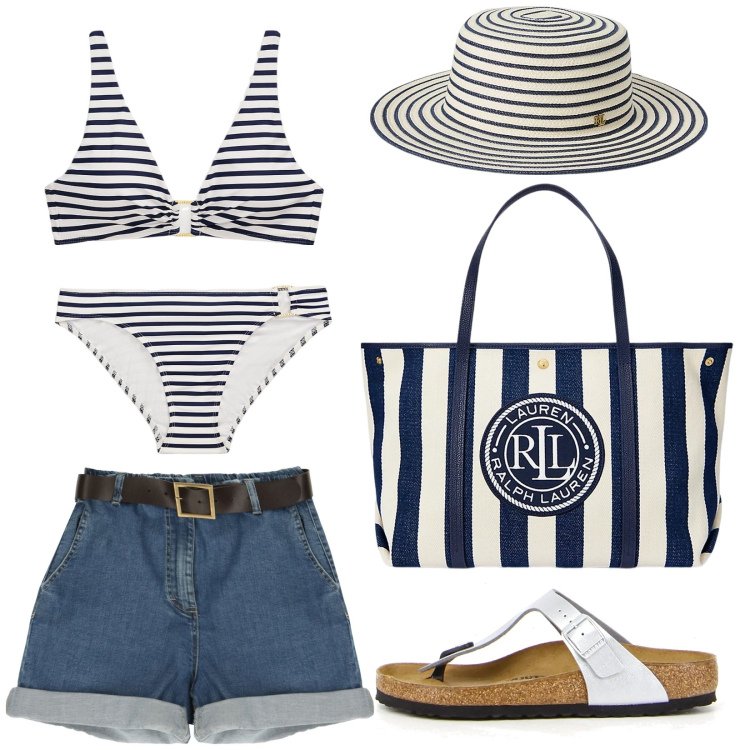Outfit donna - Please drive me to the sea. Stile Glamour per Mare. Abbinamento con bermuda, cappelli, bikini, borse tote, bikini, infradito.