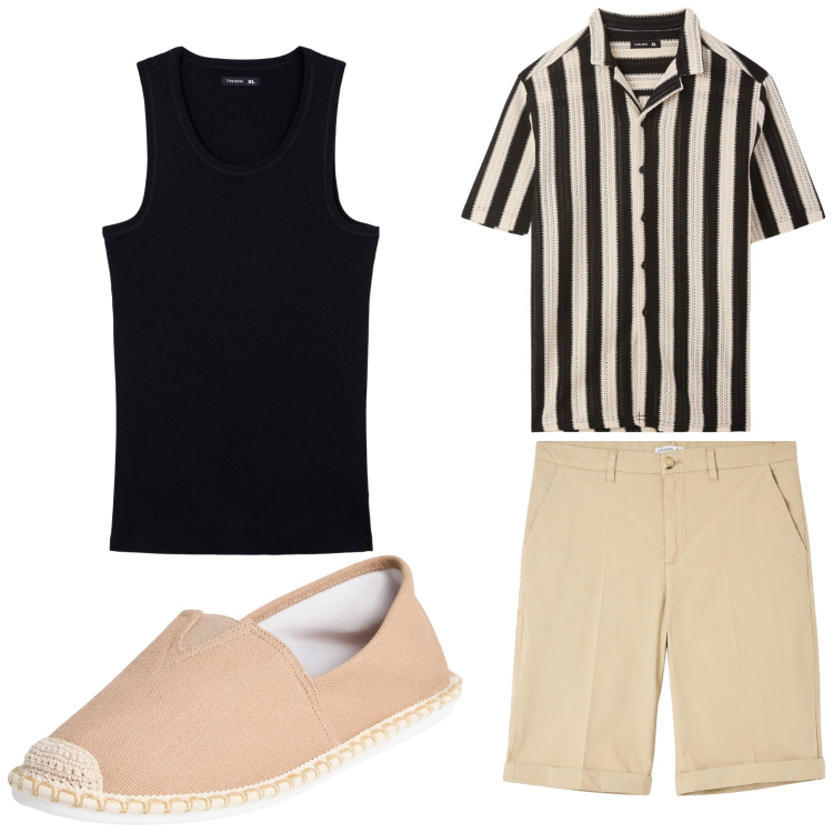 Outfit uomo - Beige e righe. Stile Casual per Tutti i giorni. Abbinamento con bermuda, espadrillas, camicie a manica corta, canottiere.