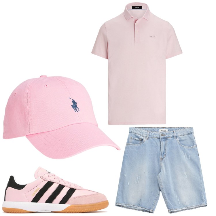 Outfit uomo - Pink. Stile Casual per Tutti i giorni. Abbinamento con bermuda, cappelli, polo, sneakers.