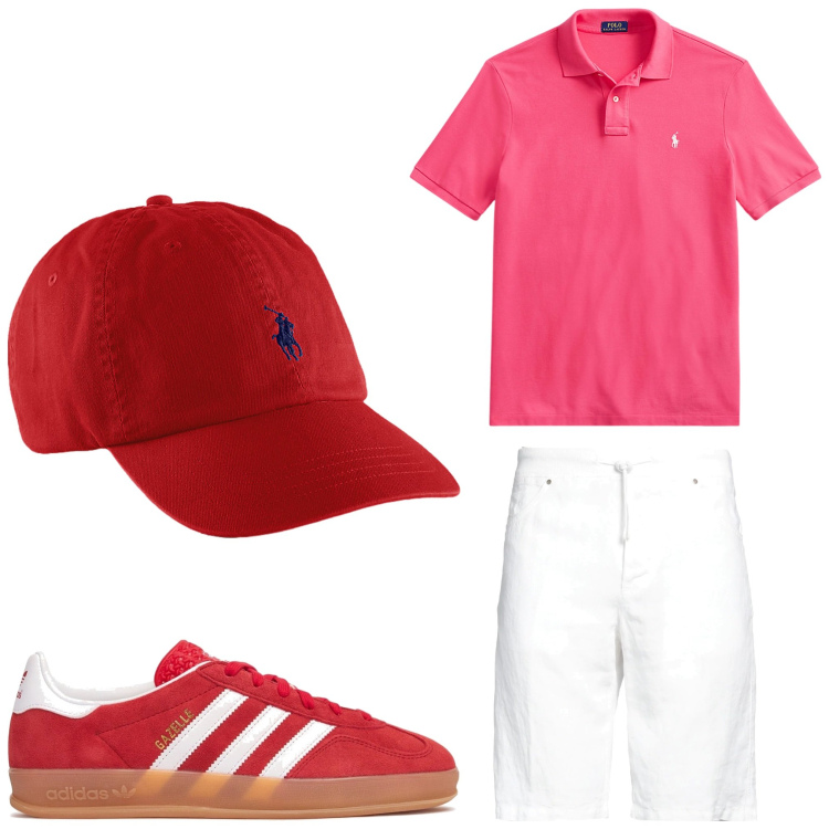 Outfit uomo - Fragola. Stile Casual per Tutti i giorni. Abbinamento con shorts, cappelli, polo, sneakers.