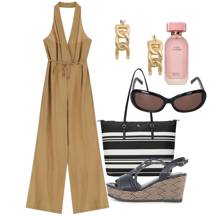 Outfit donna - Jumpsuit. Stile Bon Ton per Tutti i giorni. Abbinamento con profumi, tute, orecchini, borse tote, sandali in pelle, occhiali da sole.