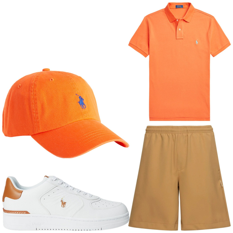 Outfit uomo - Orange. Stile Casual per Tutti i giorni. Abbinamento con cappelli, sneakers, polo, shorts.