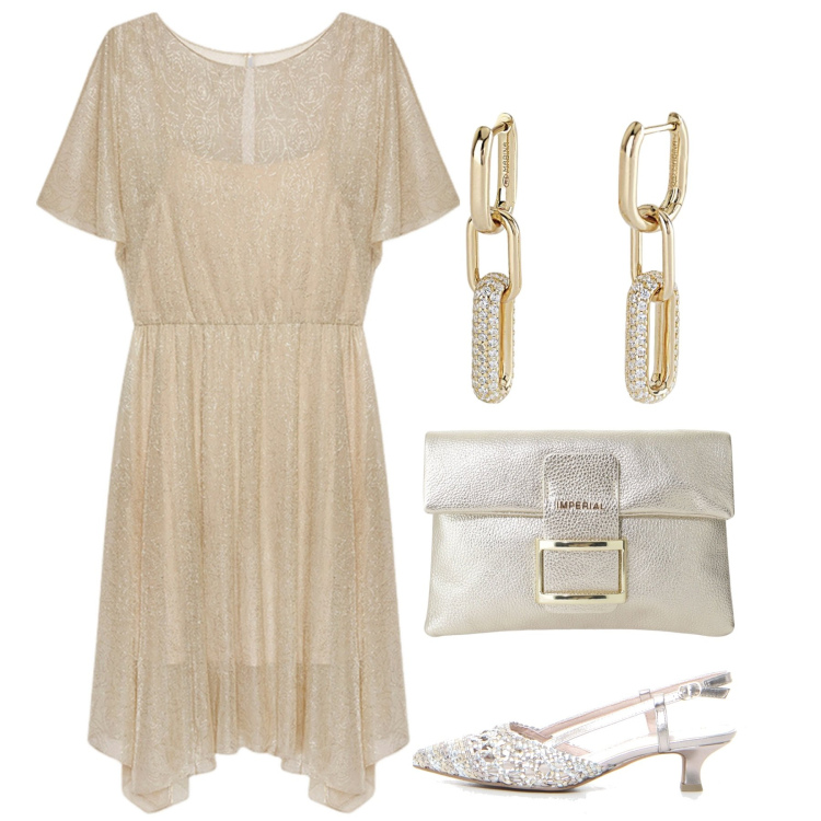 Outfit donna - Cerimonia. Stile Chic per Cerimonia. Abbinamento con orecchini, pochette, vestiti asimmetrici, sandali col tacco.