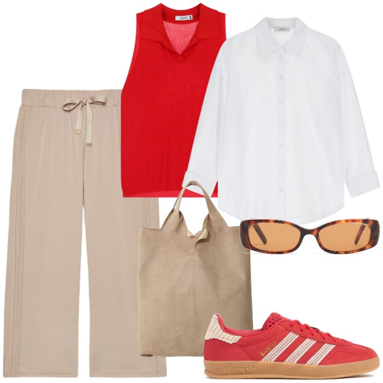 Outfit donna - In città con stile. Stile Sporty chic per Tutti i giorni. Abbinamento con top, camicie, shopping bag, pantaloni, sneakers, occhiali da sole.