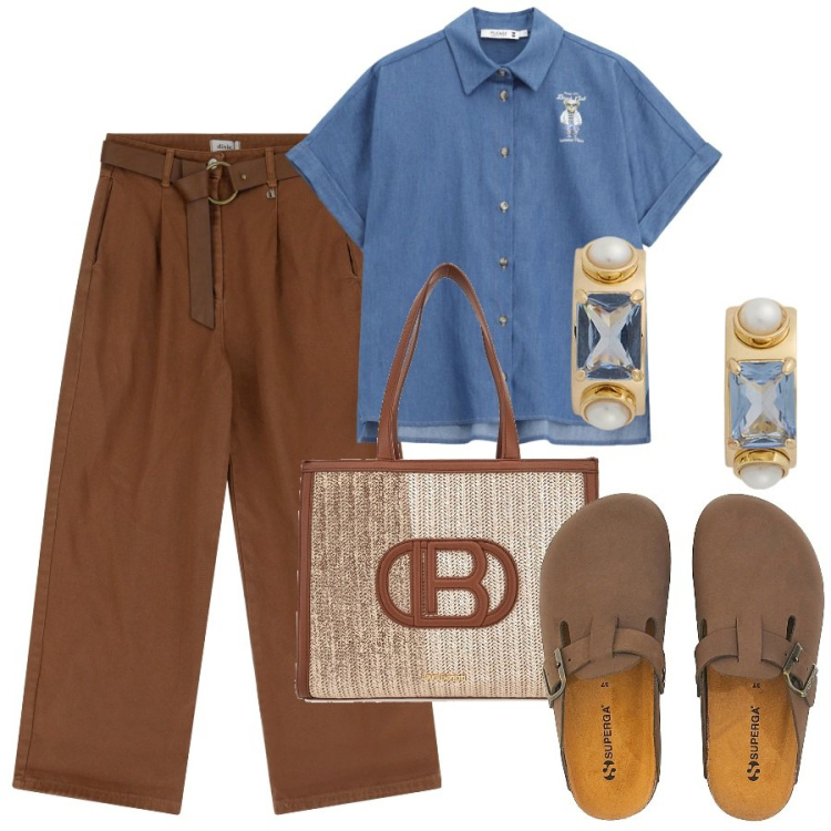 Outfit donna - Pomeriggio con stile. Stile Casual chic per Tutti i giorni. Abbinamento con camicie a manica corta, pantaloni, orecchini, borse a spalla, ciabatte.