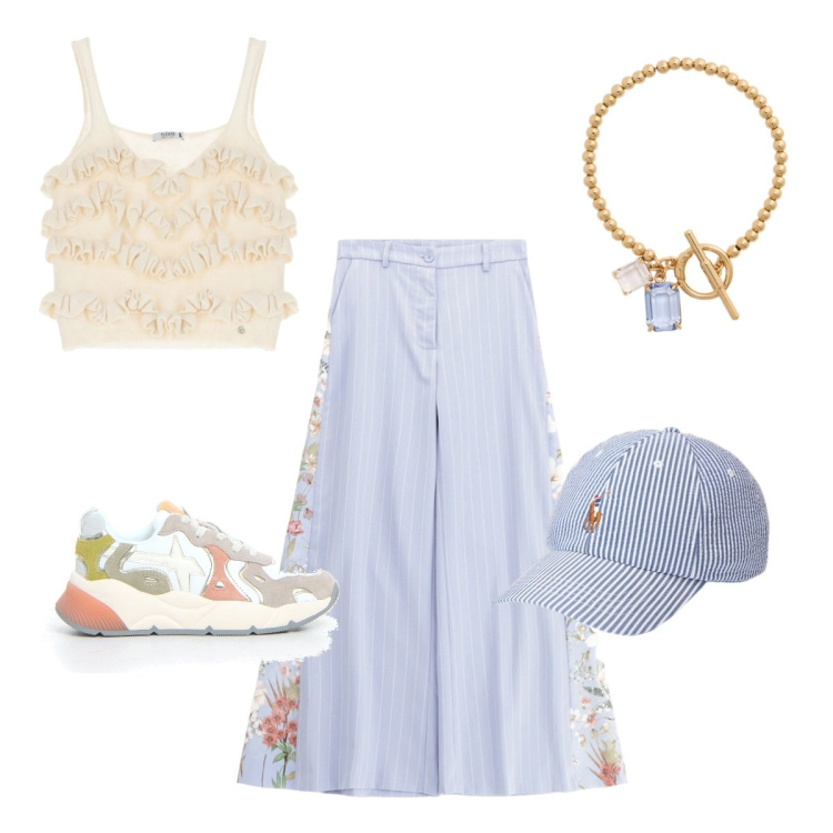 Outfit donna - stile romantico giorno. Stile Romantica per Tutti i giorni. Abbinamento con top, pantaloni, braccialetti, cappelli, sneakers.