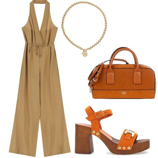 Outfit donna - Pizza tra amici. Stile Casual per Serata fuori. Abbinamento con borse a mano, tute, collane, zoccoli.