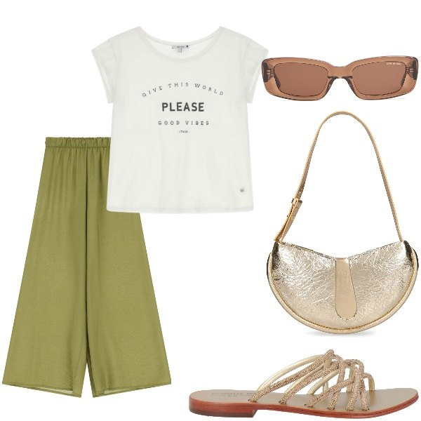 Outfit donna - A spasso per la città. Stile Casual per Tutti i giorni. Abbinamento con sandali in pelle, t-shirt, pantaloni, occhiali da sole, borse a spalla.
