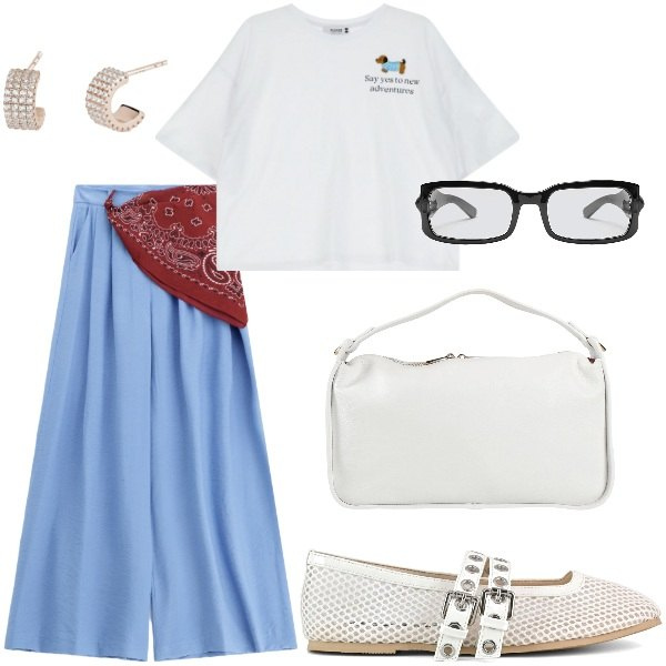 Outfit donna - Al lavoro. Stile Casual per Tutti i giorni. Abbinamento con borse a mano, orecchini, t-shirt, pantaloni, ballerine, occhiali.