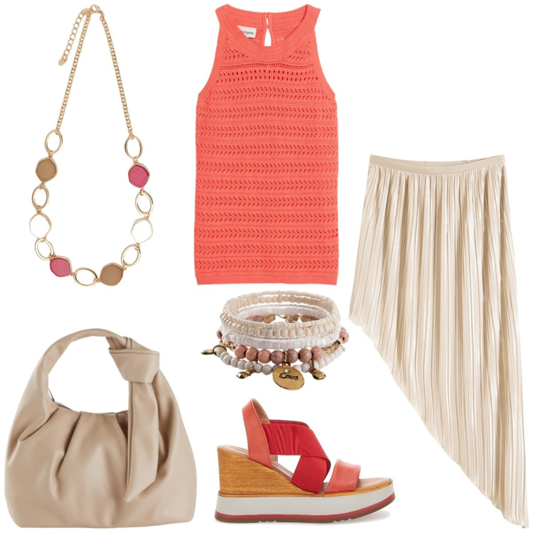 Outfit donna - La gonna asimmetrica. Stile Boho per Tutti i giorni. Abbinamento con gonne, braccialetti, borse a mano, top, sandali, collane.