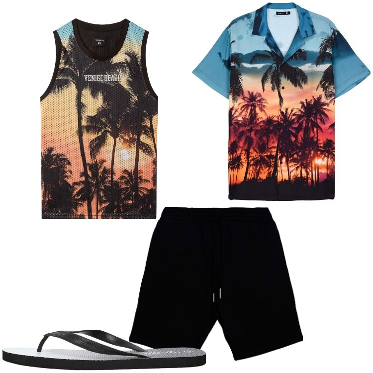 Outfit uomo - Hawaii. Stile Casual per Mare. Abbinamento con sandali, camicie a manica corta, canottiere, pantaloni corti.