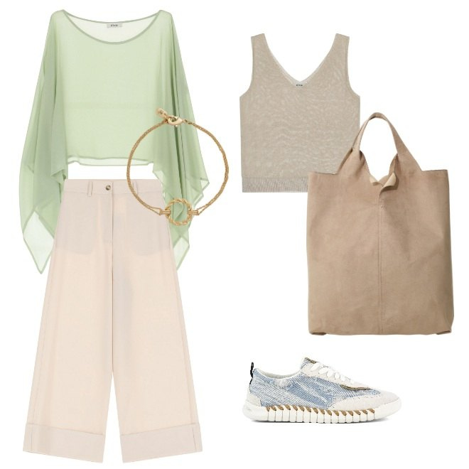 Outfit donna - Delicatamente sportiva. Stile Casual chic per Tutti i giorni. Abbinamento con camicie, pantaloni a palazzo, canottiere, shopping bag, braccialetti, sneakers.