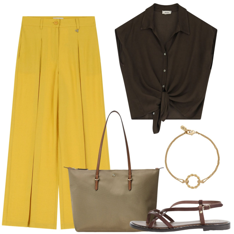 Outfit donna - I pantaloni gialli. Stile Casual per Tutti i giorni. Abbinamento con pantaloni a palazzo, camicie, sandali, borse tote, braccialetti.