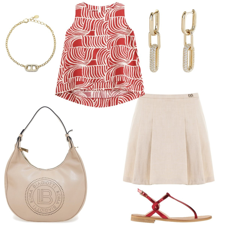 Outfit donna - Passeggiata. Stile Preppy per Tutti i giorni. Abbinamento con infradito, orecchini, braccialetti, gonne, top, borse a spalla.