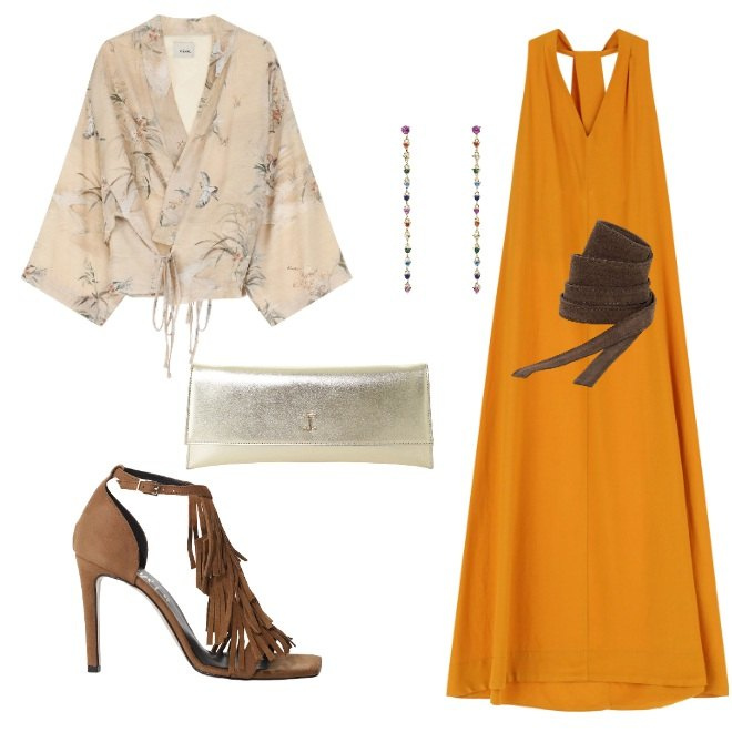 Outfit donna - Un invito a cena. Stile Chic per Serata fuori. Abbinamento con orecchini, pochette, cinture, vestiti lunghi, trench, décolleté.