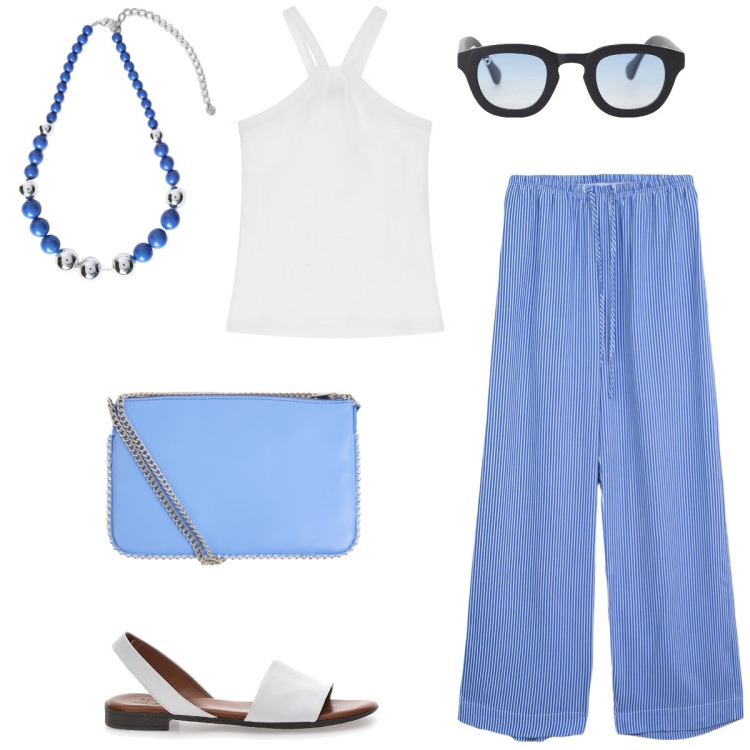 Outfit donna - In vacanza. Stile Casual per Tutti i giorni. Abbinamento con pantaloni, borse a tracolla, occhiali da sole, top, collane, sandali.