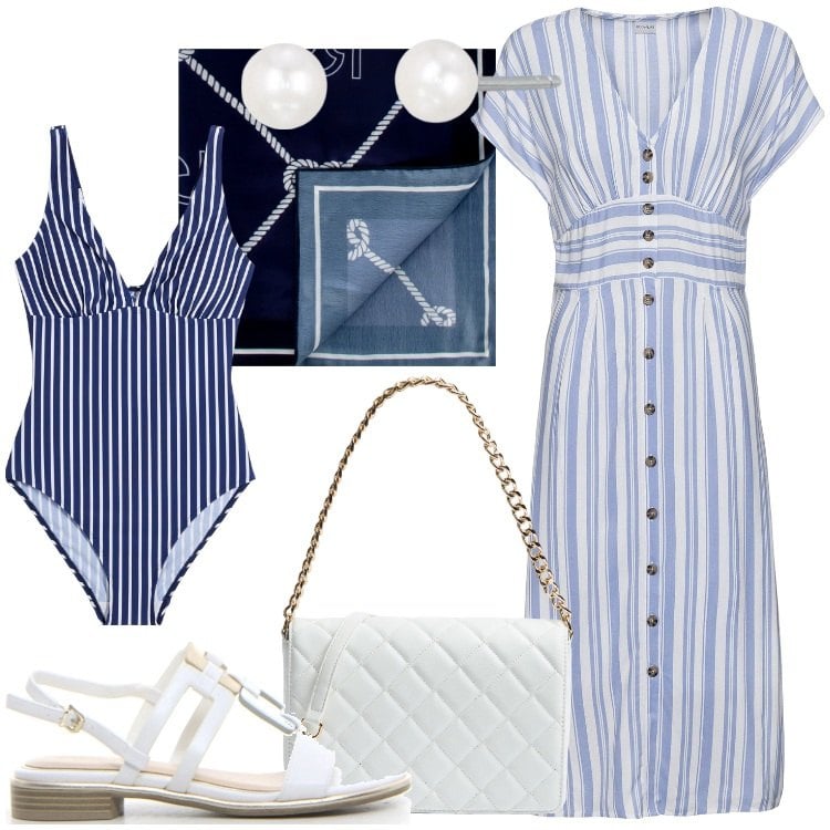 Outfit donna - Riviera Look. Stile Bon Ton per Mare. Abbinamento con vestiti, costumi interi, borse a tracolla, orecchini, foulard, sandali.