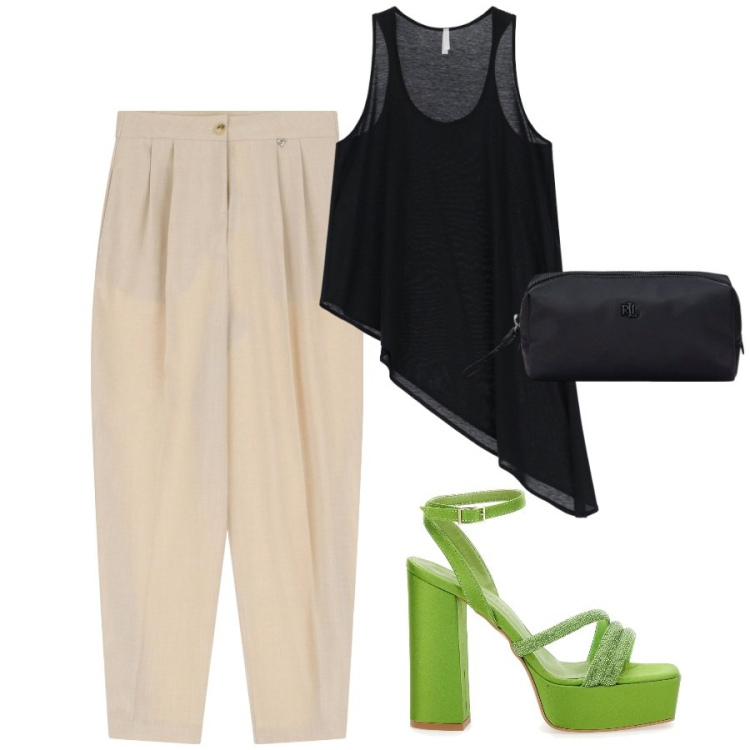 Outfit donna - Giugno la sera. Stile Glamour per Serata fuori. Abbinamento con canottiere, pantaloni, pochette, sandali col tacco.