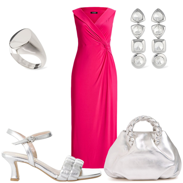 Outfit donna - Cerimonia. Stile Chic per Cerimonia. Abbinamento con sandali col tacco, vestiti lunghi, orecchini, borse a mano, anelli.