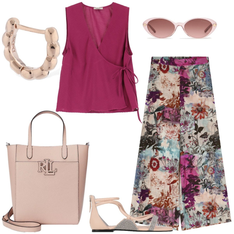 Outfit donna - In vacanza. Stile Casual per Tutti i giorni. Abbinamento con sandali alla schiava, pantaloni, top, borse tote, orecchini, occhiali da sole.