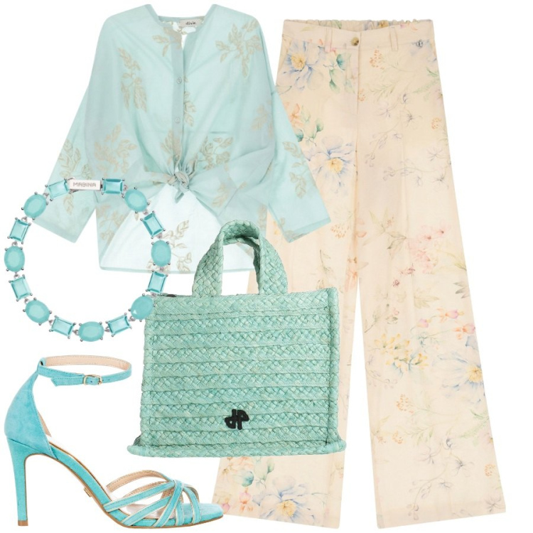 Outfit donna - Verde acqua. Stile Chic per Cerimonia. Abbinamento con borse a mano, camicie, pantaloni, braccialetti, sandali col tacco.