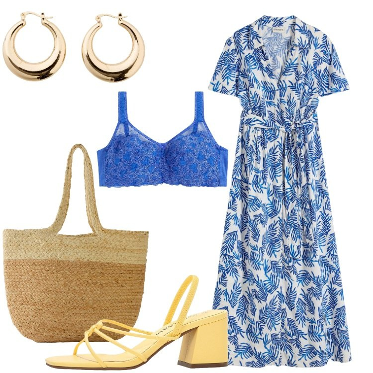 Outfit donna - Un fresco maxi dress per l\'estate. Stile Basic per Tutti i giorni. Abbinamento con sandali col tacco, vestiti lunghi, orecchini, reggiseni, shopping bag.