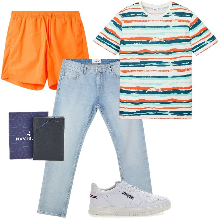 Outfit uomo - Total look #2184151. Stile Trendy per Mare. Abbinamento con t-shirt, jeans, costumi, sneakers, portafogli.