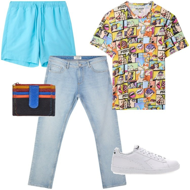 Outfit uomo - Total look #2184153. Stile Trendy per Mare. Abbinamento con t-shirt, jeans, costumi, sneakers, portafogli.