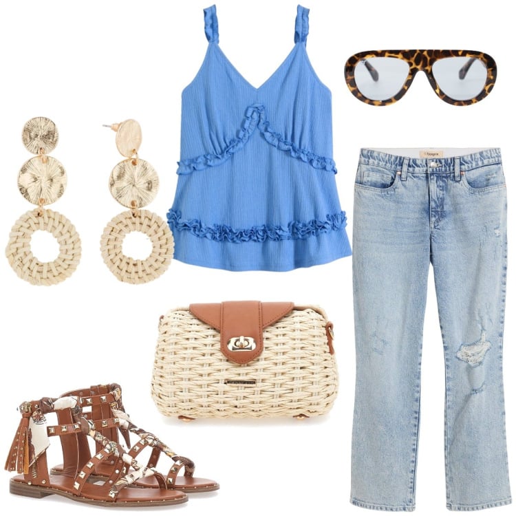 Outfit donna - In jeans. Stile Boho per Tutti i giorni. Abbinamento con jeans dritti, orecchini, top, occhiali da sole, sandali, borse a tracolla.
