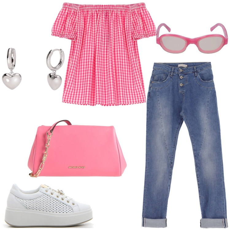 Outfit donna - Vichy. Stile Preppy per Tutti i giorni. Abbinamento con borse a tracolla, orecchini, jeans slim fit, camicie a manica corta, sneakers, occhiali da sole.