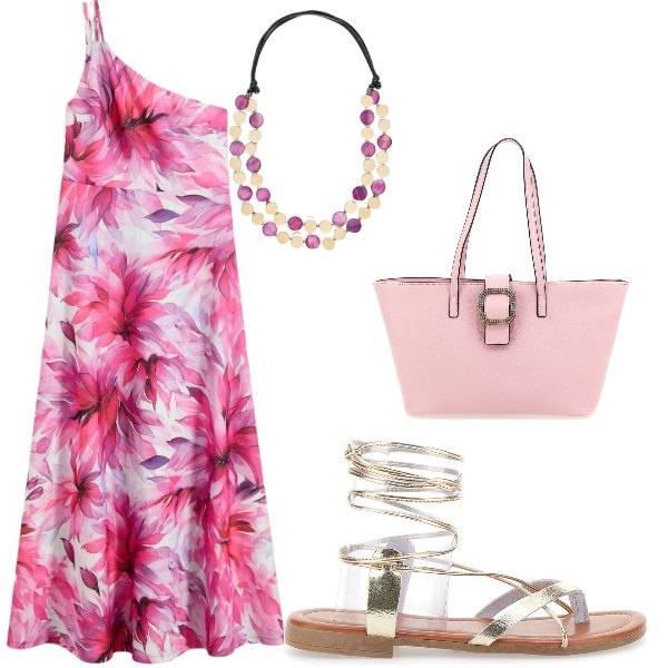Outfit donna - A cena fuori. Stile Bon Ton per Serata fuori. Abbinamento con vestiti asimmetrici, collane, borse a spalla, sandali alla schiava.