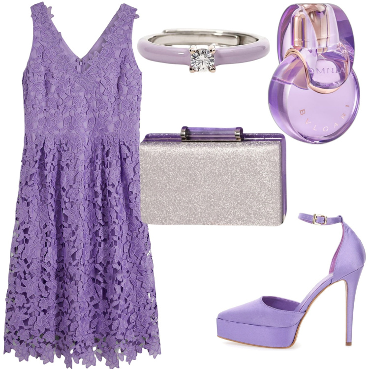 Outfit donna - Lady in Lilla. Stile Bon Ton per Cerimonia. Abbinamento con vestiti, profumi, anelli, pochette, décolleté.