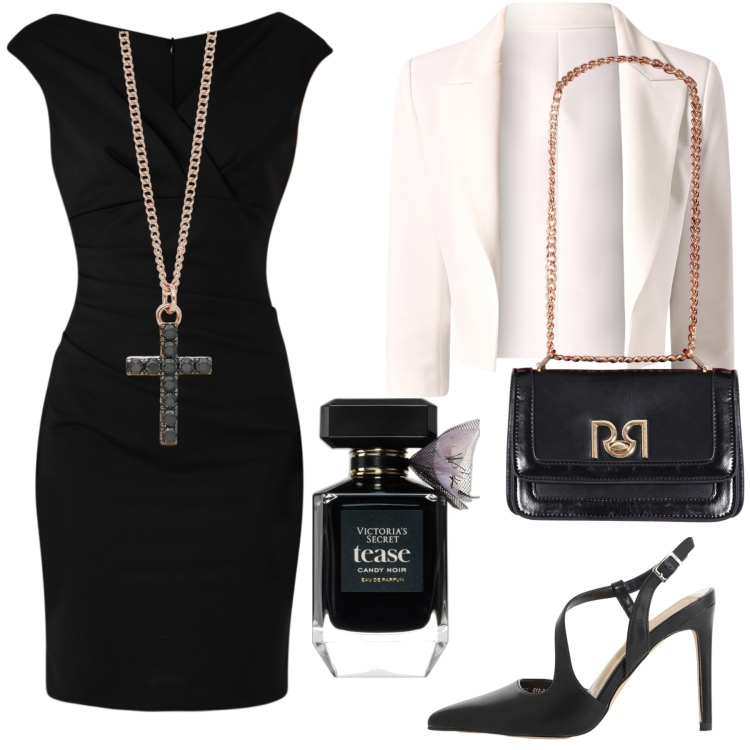 Outfit donna - Noir. Stile Chic per Serata fuori. Abbinamento con profumi, collane, blazer, vestiti a tubino, borse a tracolla, décolleté.