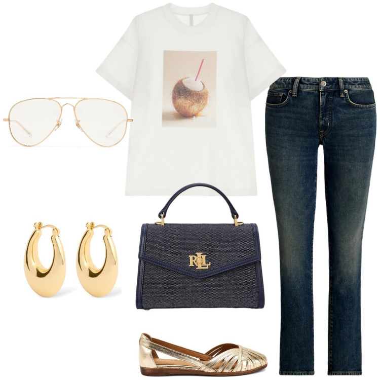 Outfit donna - Lollypop. Stile Casual chic per Tutti i giorni. Abbinamento con t-shirt, jeans dritti, borse a mano, occhiali da sole, orecchini, ballerine.