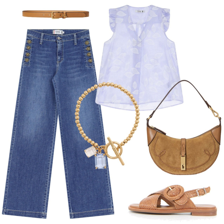 Outfit donna - Giornate in comodità. Stile Casual per Tutti i giorni. Abbinamento con jeans a zampa, canottiere, borse a spalla, braccialetti, cinture, sandali.