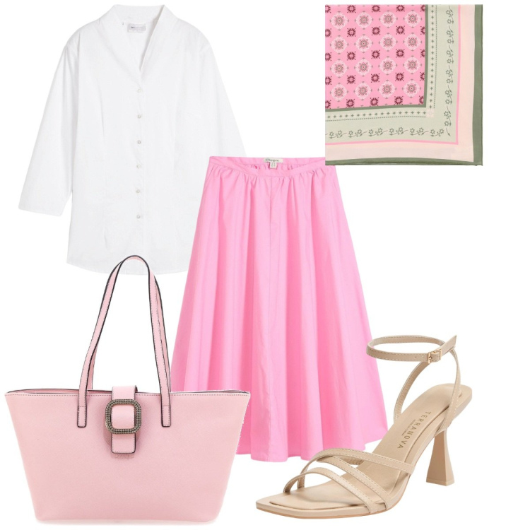 Outfit donna - Total look #2184186. Stile Romantica per Tutti i giorni. Abbinamento con gonne longuette, camicie, sandali col tacco, foulard, borse a spalla.