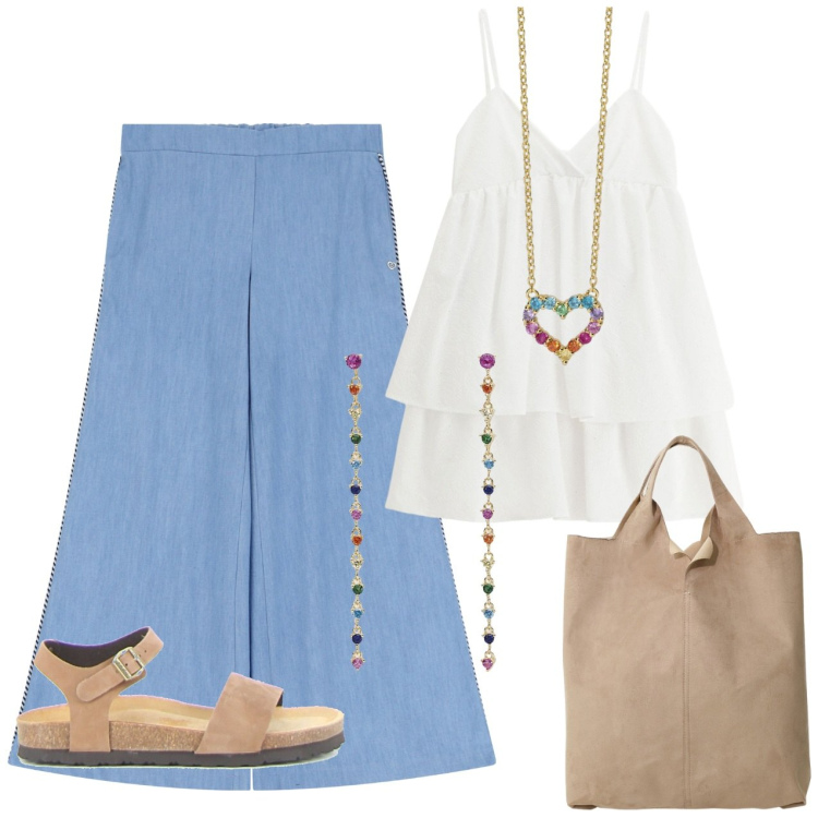 Outfit donna - Top bianco pantaloni palazzo. Stile Casual per Tutti i giorni. Abbinamento con orecchini, collane, vestiti corti, pantaloni a palazzo, shopping bag, sandali.