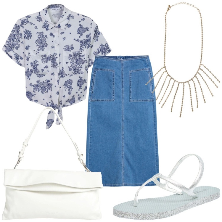 Outfit donna - Total look #2184190. Stile Trendy per Tutti i giorni. Abbinamento con gonne longuette, borse a mano, sandali, collane, camicie.