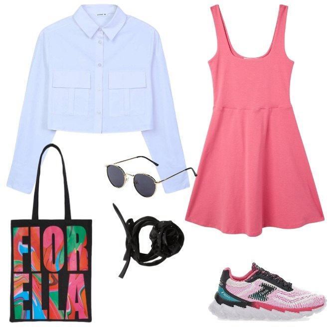 Outfit donna - Abiti per la vacanza. Stile Sporty chic per Tutti i giorni. Abbinamento con occhiali da sole, vestiti corti, collane, camicie, sneakers, borse tote.