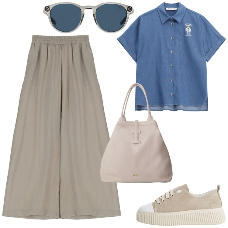 Outfit donna - Senza pensieri. Stile Casual per Tutti i giorni. Abbinamento con pantaloni, camicie a manica corta, sneakers, borse tote, occhiali da sole.