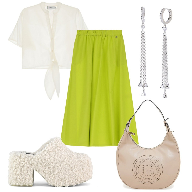 Outfit donna - Total look #2184195. Stile Trendy per Tutti i giorni. Abbinamento con orecchini, camicie a manica corta, gonne longuette, sabot, borse a spalla.