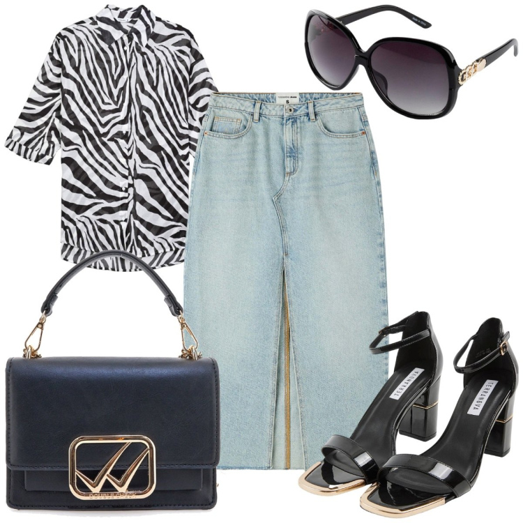 Outfit donna - Total look #2184199. Stile Trendy per Tutti i giorni. Abbinamento con occhiali da sole, camicie, sabot, gonne longuette, borse a tracolla.