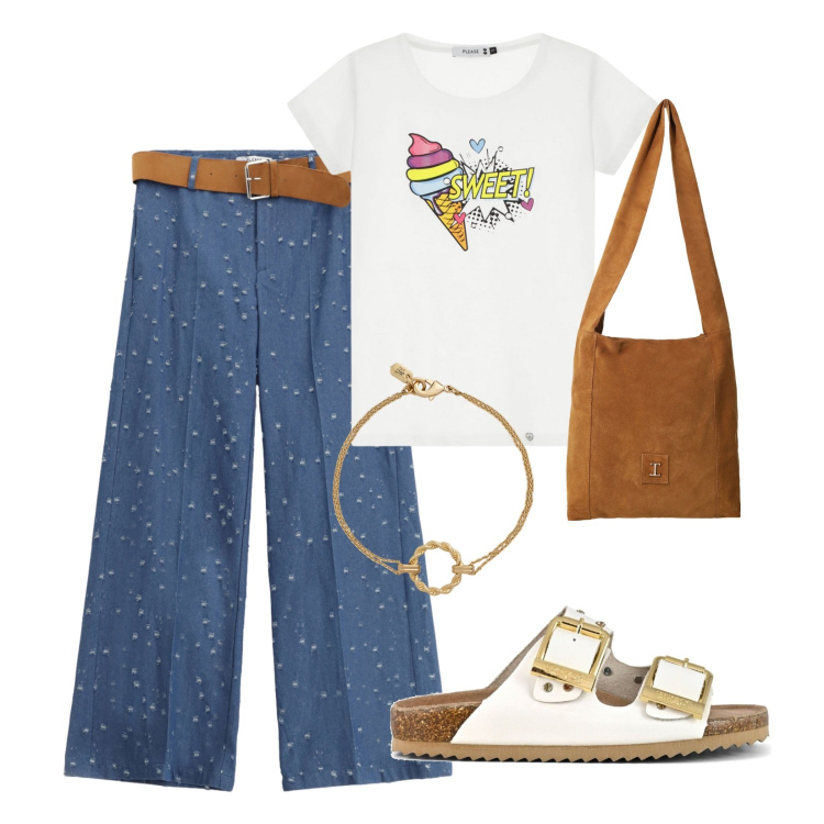 Outfit donna - Summer time!!!. Stile Casual per Tutti i giorni. Abbinamento con pantaloni, t-shirt, borse a tracolla, braccialetti, sandali.