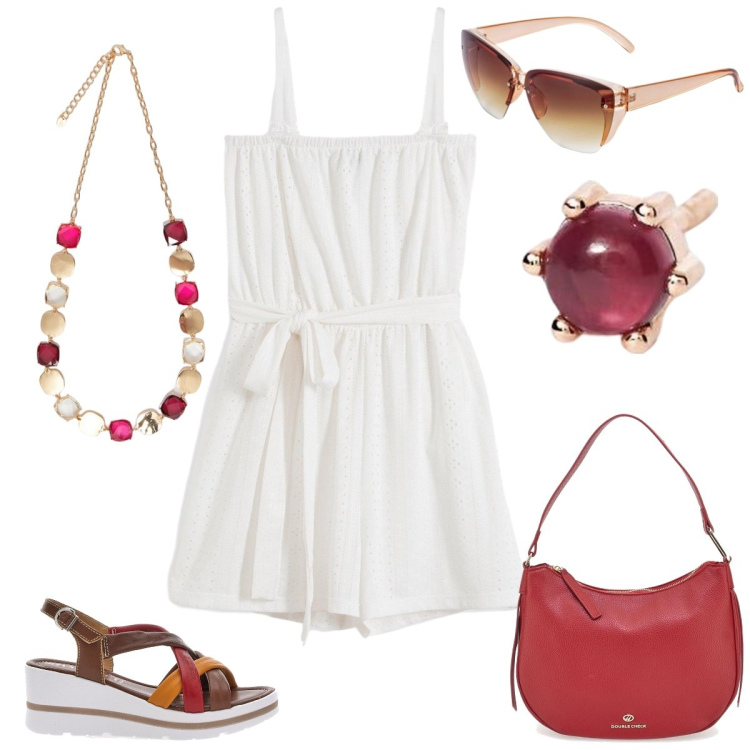 Outfit donna - In vacanza. Stile Casual per Tutti i giorni. Abbinamento con occhiali da sole, tute, orecchini, sandali col tacco, collane, borse a tracolla.