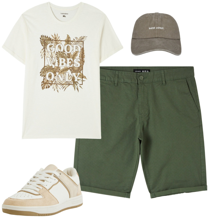 Outfit uomo - Shorts terranova. Stile Casual per Tutti i giorni. Abbinamento con cappelli, t-shirt, shorts, sneakers.