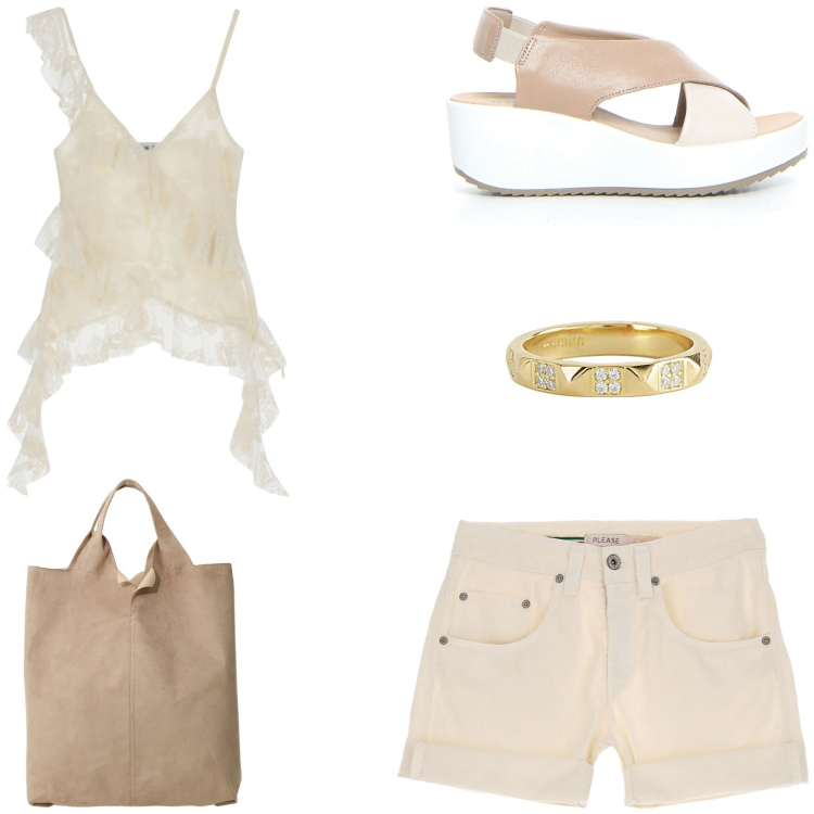 Outfit donna - Sul lungomare. Stile Casual chic per Tutti i giorni. Abbinamento con anelli, shorts, top, shopping bag, sandali.