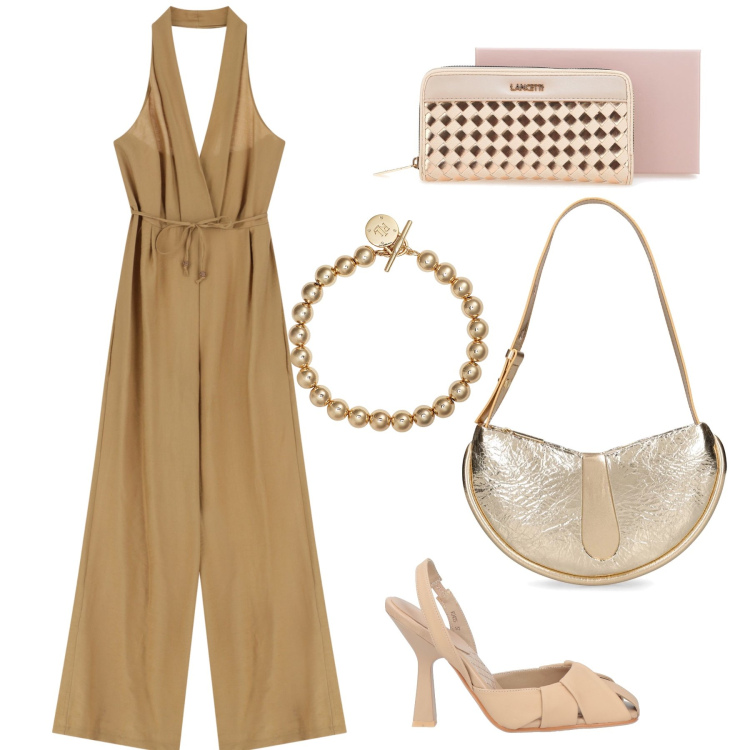 Outfit donna - La tuta a cena fuori. Stile Chic per Serata fuori. Abbinamento con décolleté, tute, braccialetti, portafogli, borse a spalla.