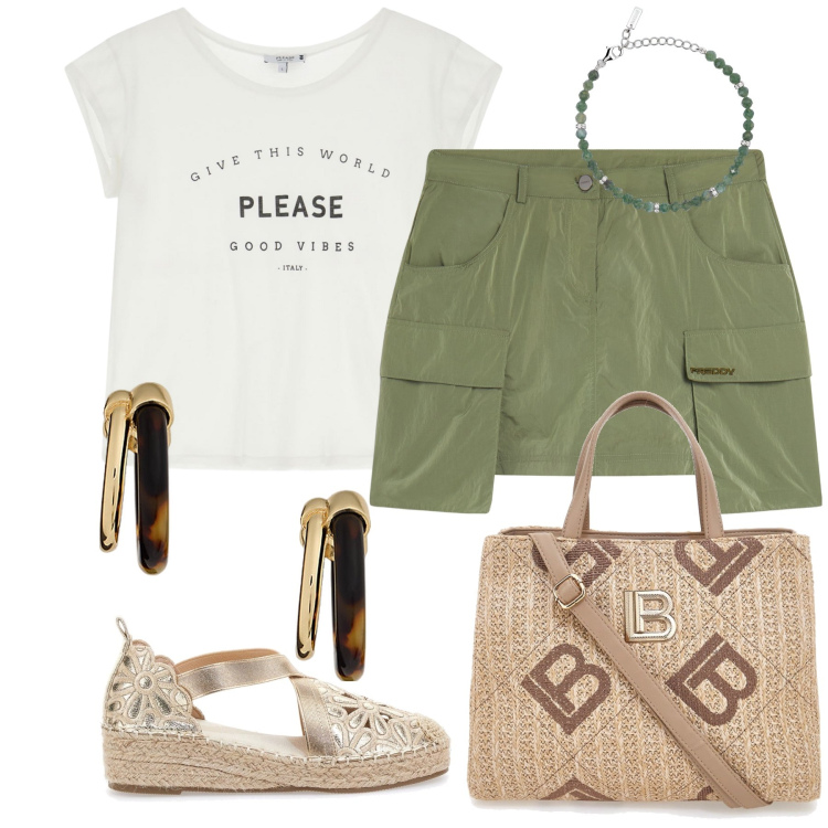 Outfit donna - La mini verde. Stile Sporty chic per Tutti i giorni. Abbinamento con braccialetti, t-shirt, minigonne, orecchini, espadrillas, borse a tracolla.