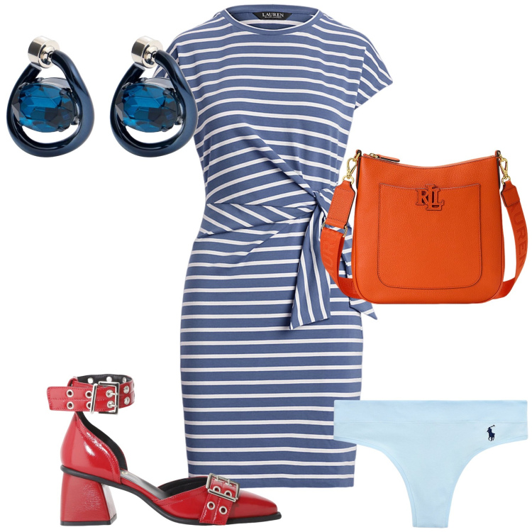 Outfit donna - Al ristorante in pausa lavoro. Stile Glamour per Tutti i giorni. Abbinamento con décolleté, vestiti, perizomi, borse a tracolla, orecchini.